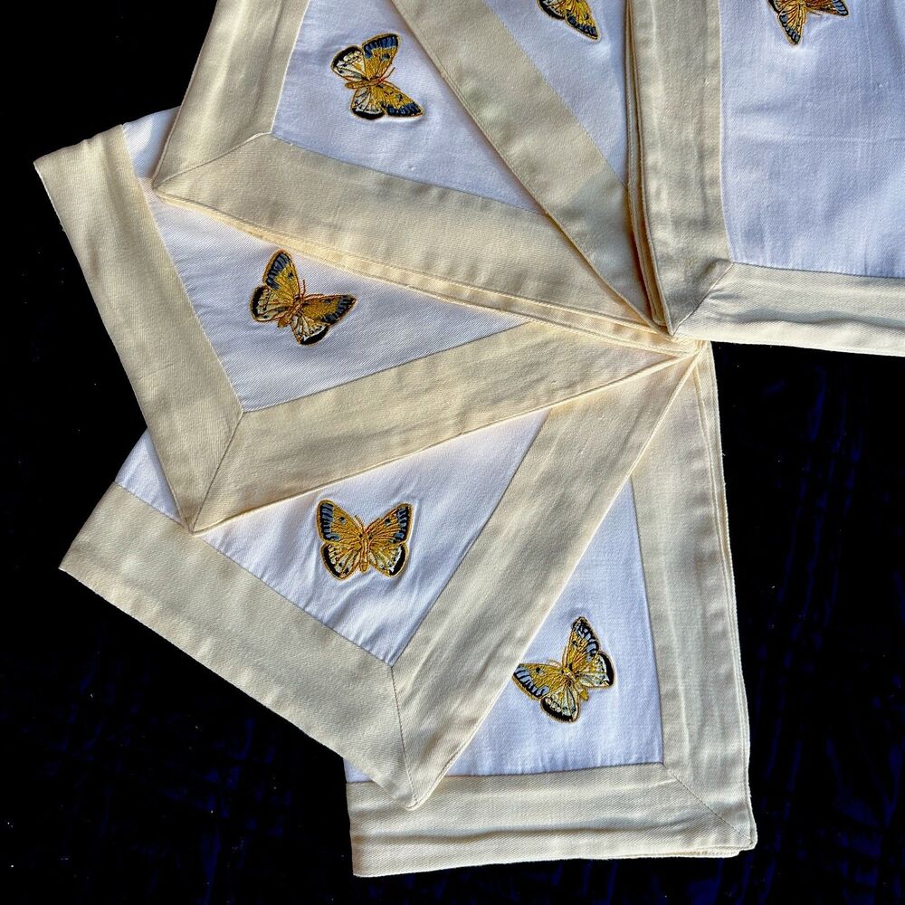 Vtg Yellow & White Butterfly Embroidered Premium Placemats Set 6 Double Sided